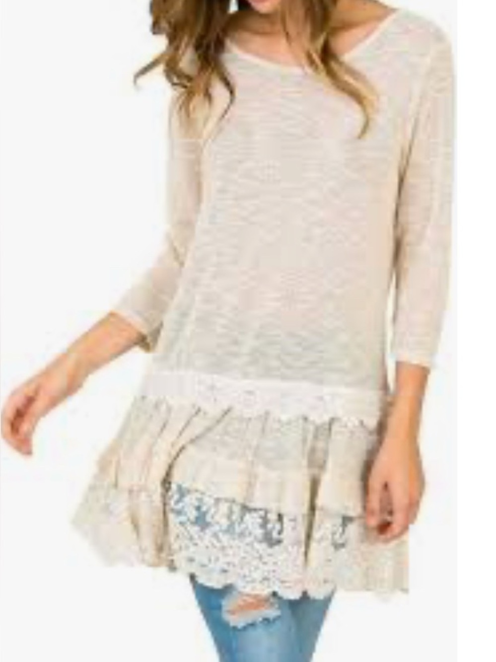 Boho Lace-Trim Tunic Top in Beige Size M